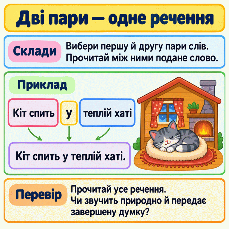 Картка показує, як із двох пар слів і поданого між ними слова скласти речення. У позначеному прикладі «Кіт спить», «у» та «теплій хаті» утворюють «Кіт спить у теплій хаті.». Поруч кіт спить у затишній оселі. Наприкінці дитині пропонують перевірити зміст і звучання речення. Дві пари — одне речення Склади: Вибери першу й другу пари слів. Прочитай між ними подане слово. Перевір: Прочитай усе речення. Чи звучить природно й передає завершену думку? Приклад Кіт спить у теплій хаті Кіт спить у теплій хаті.