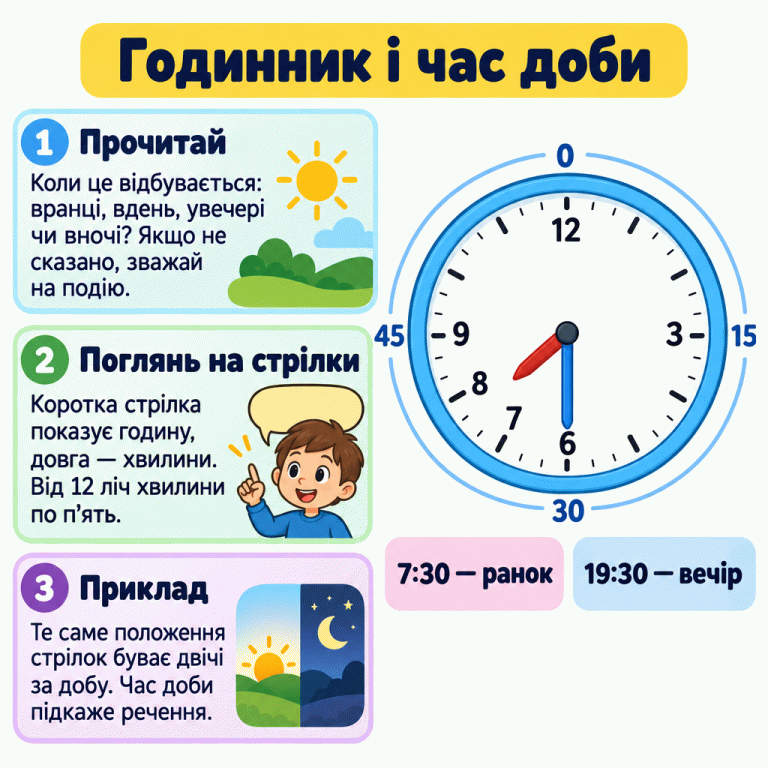Картка пояснює, як звіряти годинник із часом доби в реченні. На одному циферблаті коротка стрілка між 7 і 8, довга — на 6, біля позначки 30 хвилин. Підписи «7:30 — ранок» і «19:30 — вечір» стосуються того самого положення стрілок. Годинник і час доби Прочитай: Коли це відбувається: вранці, вдень, увечері чи вночі? Якщо не сказано, зважай на подію. Поглянь на стрілки: Коротка стрілка показує годину, довга — хвилини. Від 12 ліч хвилини по п’ять. Приклад: Те саме положення стрілок буває двічі за добу. Час доби підкаже речення. 12 3 6 7 8 9 15 30 45 7:30 — ранок 19:30 — вечір 1 2 3