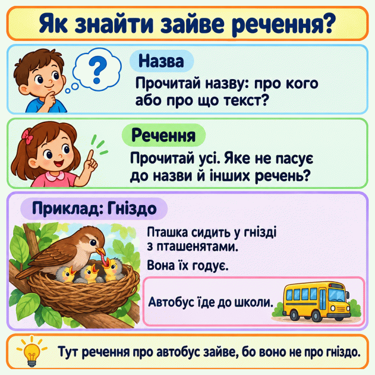 Картка радить прочитати назву й порівняти з нею всі речення. У прикладі доросла пташка сидить усередині гнізда разом із пташенятами та годує їх. Два речення розповідають про гніздо, а речення про автобус — про інше. Як знайти зайве речення? Назва: Прочитай назву: про кого або про що текст? Речення: Прочитай усі. Яке не пасує до назви й інших речень? Приклад: Гніздо: Пташка сидить у гнізді з пташенятами.
Вона їх годує.
Автобус їде до школи. Тут речення про автобус зайве, бо воно не про гніздо. ?
