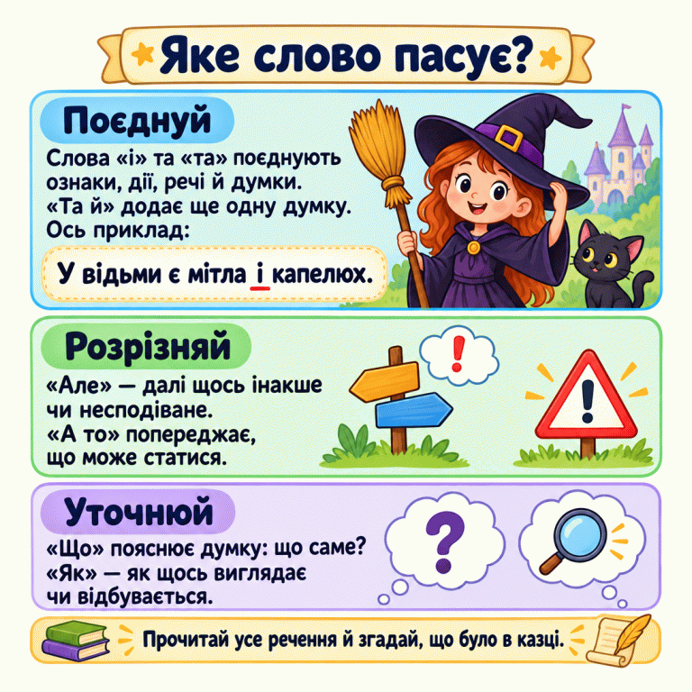 Картка про добір слова за змістом. Відьма з мітлою й капелюхом і речення «У відьми є мітла і капелюх.» показують, як поєднати назви речей. Підказки пояснюють також додавання думки словом «та й», відмінність зі словом «але», попередження «а то» та уточнення словами «що» і «як». Яке слово пасує? Поєднуй: Слова «і» та «та» поєднують ознаки, дії, речі й думки. «Та й» додає ще одну думку. Ось приклад: Розрізняй: «Але» — далі щось інакше чи несподіване. «А то» попереджає, що може статися. Уточнюй: «Що» пояснює думку: що саме? «Як» — як щось виглядає чи відбувається. Прочитай усе речення й згадай, що було в казці. У відьми є мітла і капелюх. ! ! ?