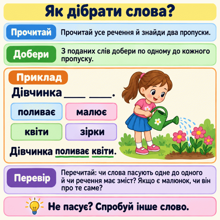 Поради спочатку прочитати речення з двома пропусками, потім дібрати слова й перевірити зміст. У прикладі дівчинка поливає квіти; зі слів на окремих смужках утворено речення «Дівчинка поливає квіти». Як дібрати слова? Прочитай: Прочитай усе речення й знайди два пропуски. Добери: З поданих слів добери по одному до кожного пропуску. Перевір: Перечитай: чи слова пасують одне до одного й чи речення має зміст? Якщо є малюнок, чи він про те саме? Не пасує? Спробуй інше слово. Приклад Дівчинка ____ ____. поливає малює квіти зірки Дівчинка поливає квіти.