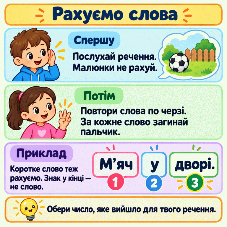 Пам’ятка: послухай речення й рахуй його слова по черзі, а не предмети на малюнку. У прикладі «М’яч у дворі.» словам відповідають відліки 1, 2, 3. Коротке «у» рахується, крапка — ні. Для свого речення потрібно полічити слова заново. Рахуємо слова Спершу: Послухай речення. Малюнки не рахуй. Потім: Повтори слова по черзі. За кожне слово загинай пальчик. Приклад: Коротке слово теж рахуємо. Знак у кінці — не слово. Обери число, яке вийшло для твого речення. М’яч у дворі. 1 2 3