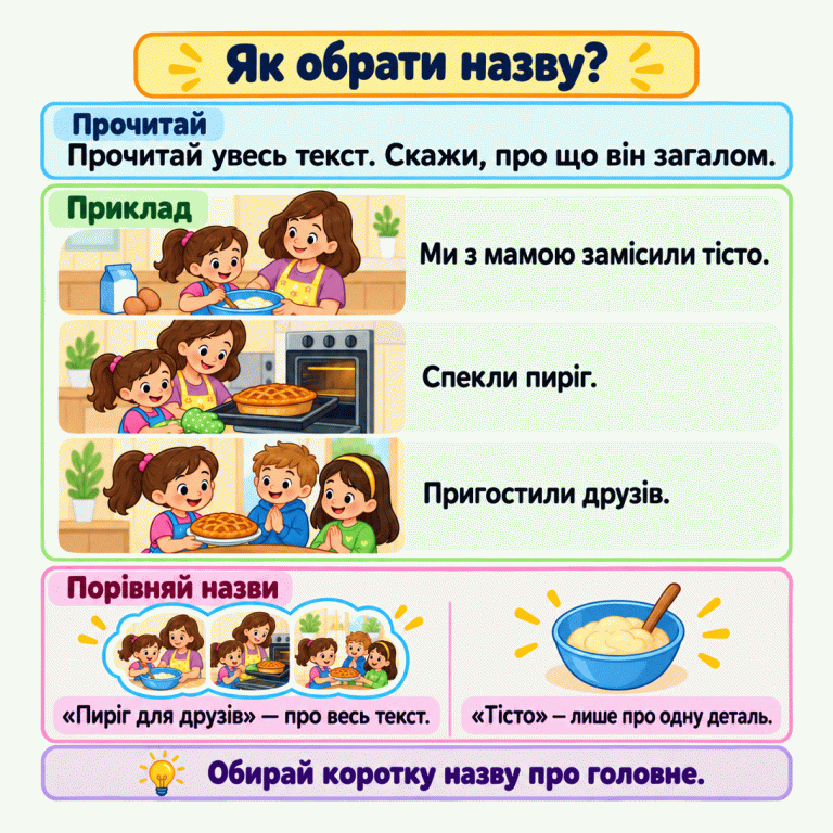Дитина з мамою замішує тісто, пече пиріг і пригощає друзів. Порівняння показує: одна назва охоплює всю розповідь, а інша — лише деталь. Як обрати назву? Прочитай: Прочитай увесь текст. Скажи, про що він загалом. Приклад: Ми з мамою замісили тісто. Спекли пиріг. Пригостили друзів. Порівняй назви: «Пиріг для друзів» — про весь текст. «Тісто» — лише про одну деталь. Обирай коротку назву про головне.