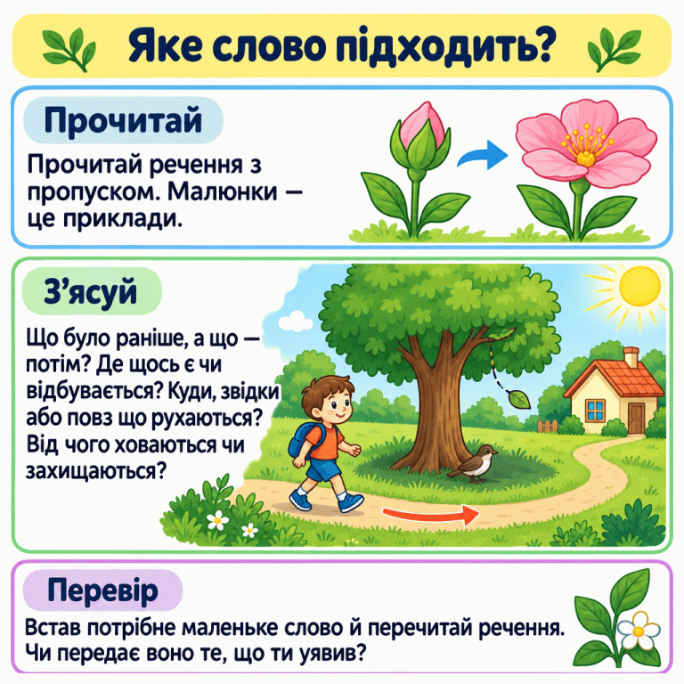 Приклади зв’язків у реченні: бутон стає квіткою; дитина йде стежкою повз дерево до будиночка; листочок падає з гілки; пташка ховається від спеки в затінку крони. Яке слово підходить? Прочитай: Прочитай речення з пропуском. Малюнки — це приклади. З’ясуй: Що було раніше, а що — потім? Де щось є чи відбувається? Куди, звідки або повз що рухаються? Від чого ховаються чи захищаються? Перевір: Встав потрібне маленьке слово й перечитай речення. Чи передає воно те, що ти уявив?