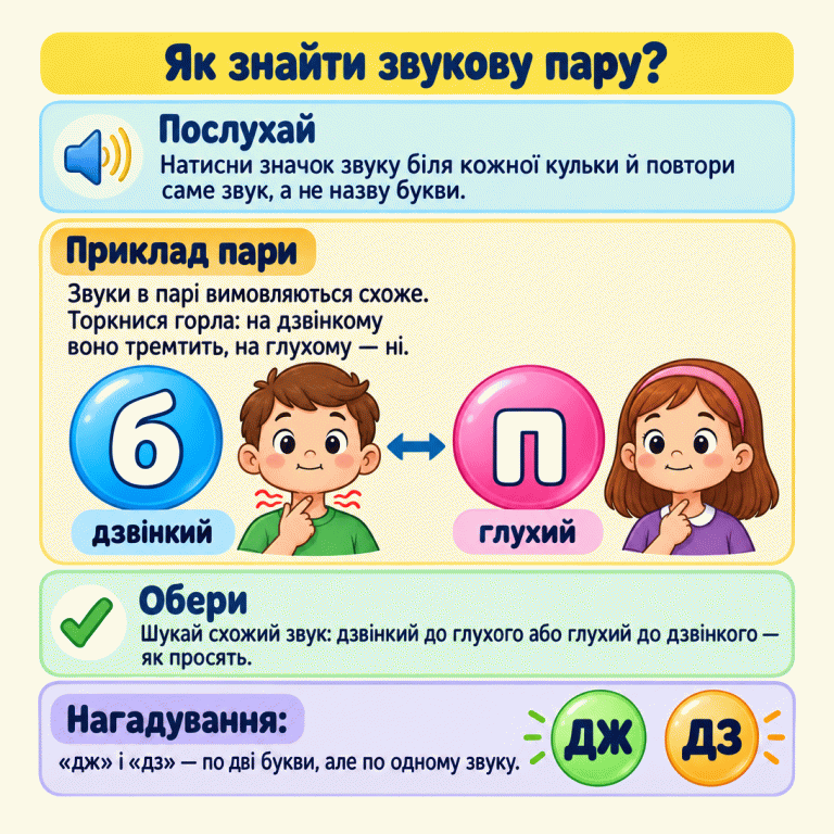 Навчальний приклад із кульками-літерами «б» і «п»: обидва звуки вимовляють зі зімкнутими губами, але горло тремтить лише під час дзвінкого «б». Окремі маленькі кульки показують, що «дж» і «дз» записують двома буквами, а вимовляють як один звук кожне. Як знайти звукову пару? Послухай: Натисни значок звуку біля кожної кульки й повтори саме звук, а не назву букви. Приклад пари: Звуки в парі вимовляються схоже. Торкнися горла: на дзвінкому воно тремтить, на глухому — ні. Обери: Шукай схожий звук: дзвінкий до глухого або глухий до дзвінкого — як просять. «дж» і «дз» — по дві букви, але по одному звуку. б п дзвінкий глухий дж дз Нагадування: