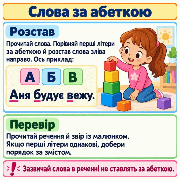 Порівняй перші літери слів і розстав слова за абеткою. У прикладі ряд А, Б, В відповідає початкам речення «Аня будує вежу.». Поруч дівчинка складає вежу з кубиків. Готове речення треба звірити з малюнком. Слова за абеткою Розстав: Прочитай слова. Порівняй перші літери за абеткою й розстав слова зліва направо. Ось приклад: Перевір: Прочитай речення й звір із малюнком. Якщо перші літери однакові, добери порядок за змістом. Зазвичай слова в реченні не ставлять за абеткою. А Б В Аня будує вежу. !