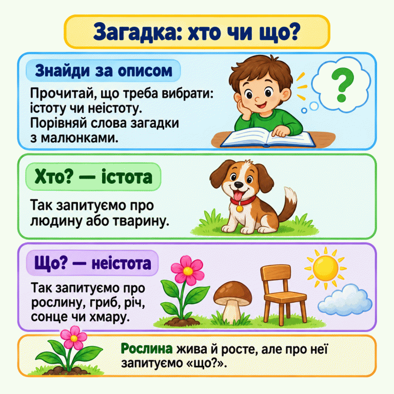 Картка радить спершу знайти малюнок за підказками загадки. Тварина ілюструє питання «хто?» та істот; рослина, гриб, стілець, сонце й хмара — питання «що?» та неістот. Нагадування пояснює, що рослина жива, хоча її назва належить до неістот. Загадка: хто чи що? Знайди за описом: Прочитай, що треба вибрати: істоту чи неістоту. Порівняй слова загадки з малюнками. Хто? — істота: Так запитуємо про людину або тварину. Що? — неістота: Так запитуємо про рослину, гриб, річ, сонце чи хмару. Рослина жива й росте, але про неї запитуємо «що?». ?