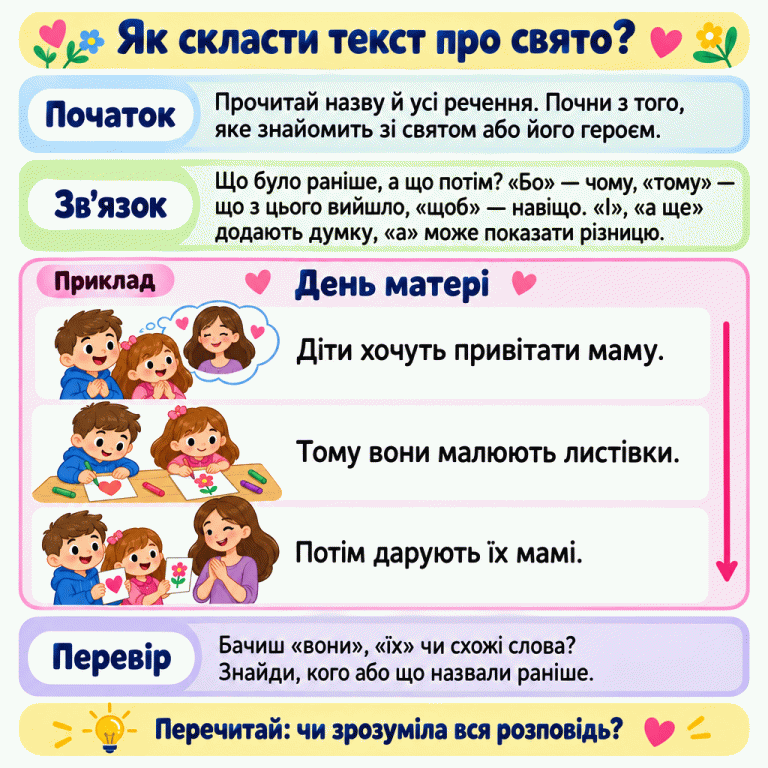 Пояснення, як скласти текст про свято: знайти початок, пов’язати речення за часом і змістом та перевірити слова, що відсилають до вже названого. У прикладі до Дня матері діти хочуть привітати маму, тому малюють листівки, а потім дарують їх їй. Як скласти текст про свято? Початок: Прочитай назву й усі речення. Почни з того, яке знайомить зі святом або його героєм. Зв’язок: Що було раніше, а що потім? «Бо» — чому, «тому» — що з цього вийшло, «щоб» — навіщо. «І», «а ще» додають думку, «а» може показати різницю. Перевір: Бачиш «вони», «їх» чи схожі слова? Знайди, кого або що назвали раніше. Перечитай: чи зрозуміла вся розповідь? Приклад День матері Діти хочуть привітати маму. Тому вони малюють листівки. Потім дарують їх мамі.