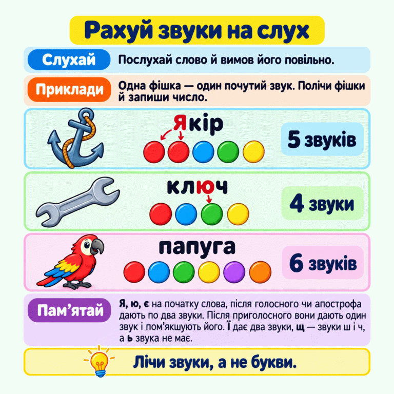 Картка пояснює, як слухати слово й рахувати його звуки фішками. Біля якоря слово «якір» і п’ять фішок, біля гайкового ключа — «ключ» і чотири, біля папуги — «папуга» і шість. Нижче подано правила для я, ю, є, ї, щ і ь. Рахуй звуки на слух Слухай: Послухай слово й вимов його повільно. Приклади: Одна фішка — один почутий звук. Полічи фішки й запиши число. Пам’ятай: Я, ю, є на початку слова, після голосного чи апострофа дають по два звуки. Після приголосного вони дають один звук і пом’якшують його. Ї дає два звуки, щ — звуки ш і ч, а ь звука не має. Лічи звуки, а не букви. якір 5 звуків ключ 4 звуки папуга 6 звуків