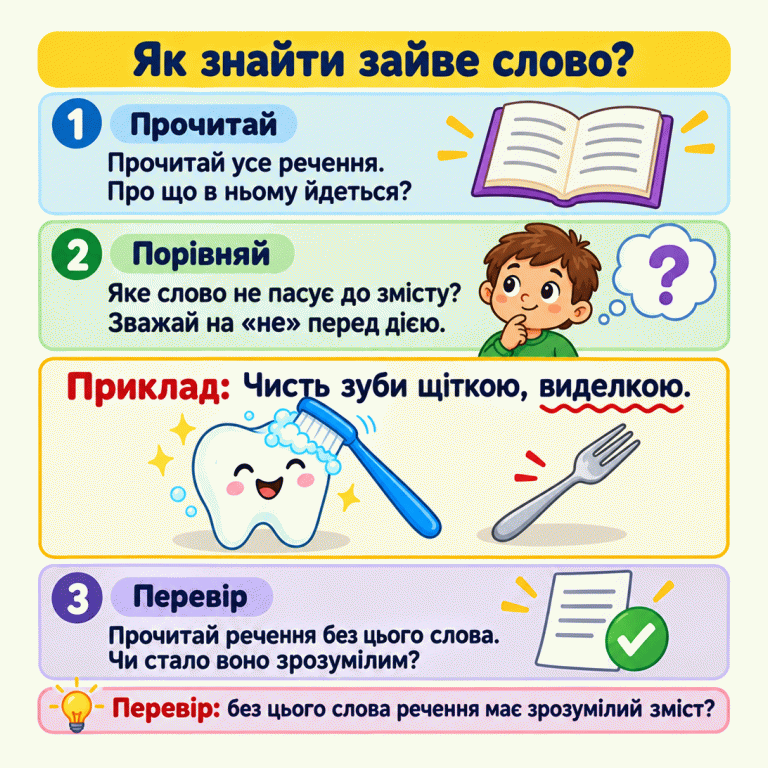 Картка радить прочитати все речення, порівняти значення слів, зважити на «не» та перевірити зміст без зайвого слова. У прикладі про чищення зубів зображено щітку й виделку. Як знайти зайве слово? Прочитай: Прочитай усе речення. Про що в ньому йдеться? Порівняй: Яке слово не пасує до змісту? Зважай на «не» перед дією. Перевір: Прочитай речення без цього слова. Чи стало воно зрозумілим? Перевір: без цього слова речення має зрозумілий зміст? Приклад: Чисть зуби щіткою, виделкою. 1 2 ? 3 ✓