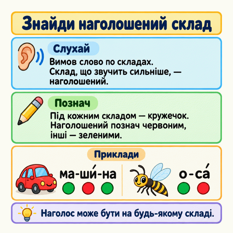 Вимов слово по складах і знайди склад, що звучить сильніше. У прикладі «ма-ши́-на» під складами стоять зелений, червоний і зелений кружечки; у «о-са́» — зелений і червоний. Під кожним складом один кружечок, а місце наголосу залежить від слова. Знайди наголошений склад Слухай: Вимов слово по складах. Склад, що звучить сильніше, — наголошений. Познач: Під кожним складом — кружечок. Наголошений познач червоним, інші — зеленими. Наголос може бути на будь-якому складі. Приклади ма-ши́-на о-са́