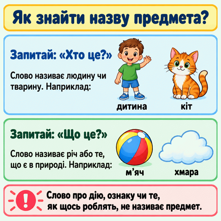 Картка пояснює, як знайти назву предмета. На запитання «Хто це?» відповідають приклади «дитина» і «кіт», а на «Що це?» — «м’яч» і «хмара». Нагадування радить не плутати назви предметів зі словами про дію чи ознаку. Як знайти назву предмета? Запитай: «Хто це?»: Слово називає людину чи тварину. Наприклад: Запитай: «Що це?»: Слово називає річ або те, що є в природі. Наприклад: Слово про дію, ознаку чи те, як щось роблять, не називає предмет. дитина кіт м’яч хмара
