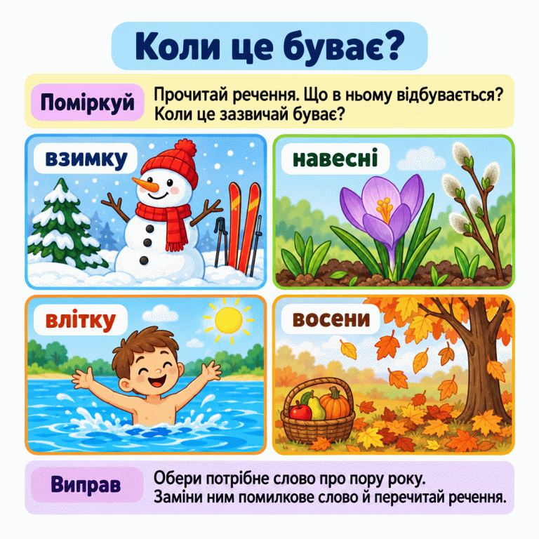 Картка радить прочитати речення, подумати, коли відбувається описане, замінити помилкове слово й перечитати. Чотири малюнки зі словами «взимку», «навесні», «влітку», «восени» показують сніговика, весняну квітку, купання та опадання листя. Коли це буває? Поміркуй: Прочитай речення. Що в ньому відбувається? Коли це зазвичай буває? Виправ: Обери потрібне слово про пору року. Заміни ним помилкове слово й перечитай речення. взимку навесні влітку восени
