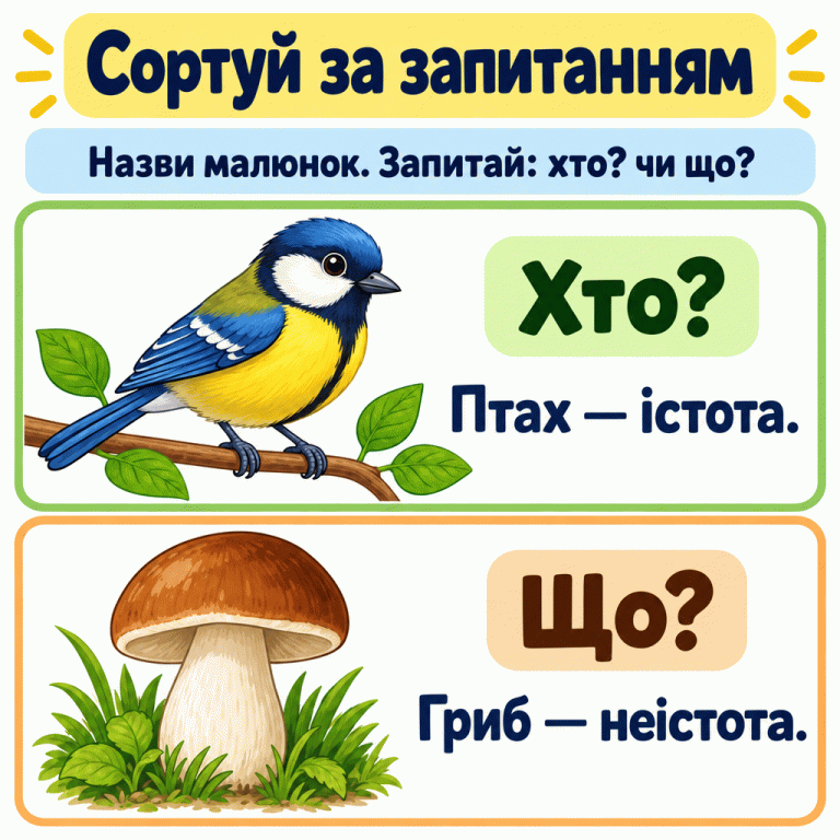 Картка «Сортуй за запитанням» нагадує назвати малюнок і запитати «хто?» чи «що?». Птах ілюструє напис «Хто? Птах — істота.», гриб — «Що? Гриб — неістота.». Сортуй за запитанням Хто?: Птах — істота. Що?: Гриб — неістота. Назви малюнок. Запитай: хто? чи що?
