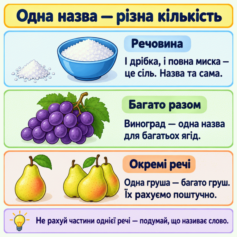 Дрібка й миска солі показують різну кількість тієї самої речовини. Гроно винограду складається з багатьох ягід. Одну грушу порівнюють із кількома окремими грушами. Одна назва — різна кількість Речовина: І дрібка, і повна миска — це сіль. Назва та сама. Багато разом: Виноград — одна назва для багатьох ягід. Окремі речі: Одна груша — багато груш. Їх рахуємо поштучно. Не рахуй частини однієї речі — подумай, що називає слово.