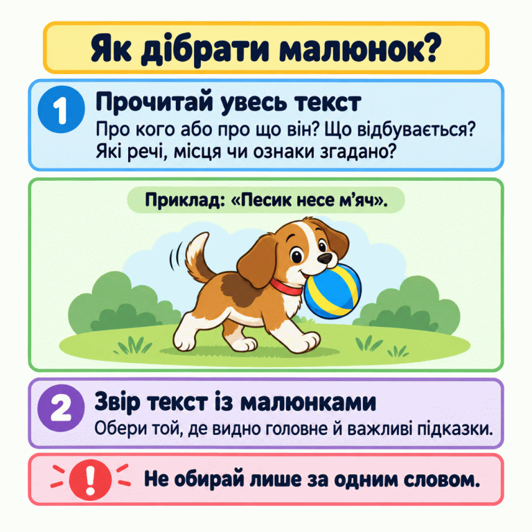 Картка радить прочитати весь текст, знайти головне й важливі підказки, а тоді звірити їх із малюнками. У навчальному прикладі песик несе м’яч. Як дібрати малюнок? Прочитай увесь текст: Про кого або про що він? Що відбувається? Які речі, місця чи ознаки згадано? Звір текст із малюнками: Обери той, де видно головне й важливі підказки. Не обирай лише за одним словом. Приклад: «Песик несе м’яч». 1 2 !
