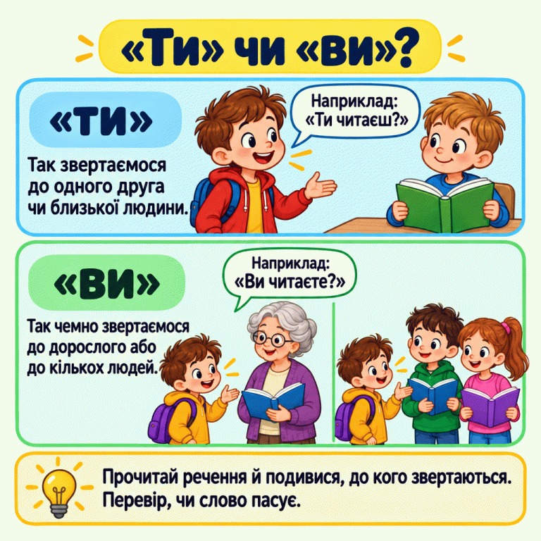 Картка пояснює звертання «ти» й «ви». Дитина звертається до одного знайомого ровесника: «Ти читаєш?». В інших сценах вона звертається до однієї старшої людини або до двох дітей: «Ви читаєте?». Це приклади; у завданні треба визначити, до кого звертаються, і перевірити речення. «Ти» чи «ви»? «ти»: Так звертаємося до одного друга чи близької людини. «ви»: Так чемно звертаємося до дорослого або до кількох людей. Прочитай речення й подивися, до кого звертаються. Перевір, чи слово пасує. Наприклад: «Ти читаєш?» Наприклад: «Ви читаєте?»