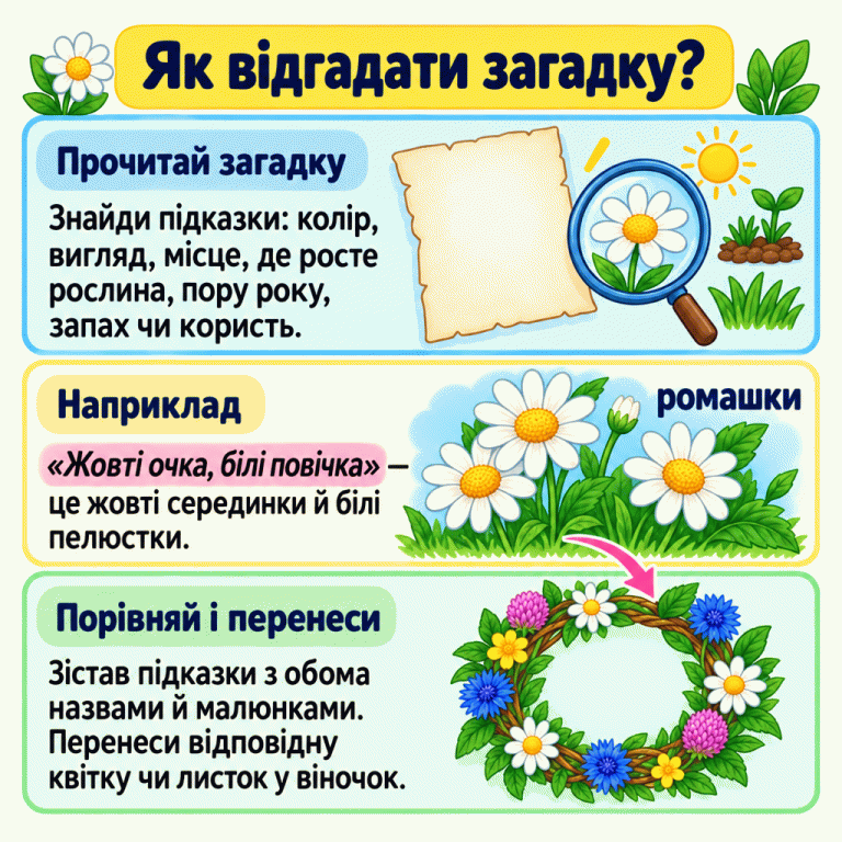 Картка показує, як шукати підказки в загадці. На прикладі ромашок образні слова пояснено жовтими серединками й білими пелюстками. Далі потрібно порівняти назви та малюнки й перенести відповідну квітку або листок у віночок. Як відгадати загадку? Прочитай загадку: Знайди підказки: колір, вигляд, місце, де росте рослина, пору року, запах чи користь. Наприклад: «Жовті очка, білі повічка» — це жовті серединки й білі пелюстки. Порівняй і перенеси: Зістав підказки з обома назвами й малюнками. Перенеси відповідну квітку чи листок у віночок. ромашки