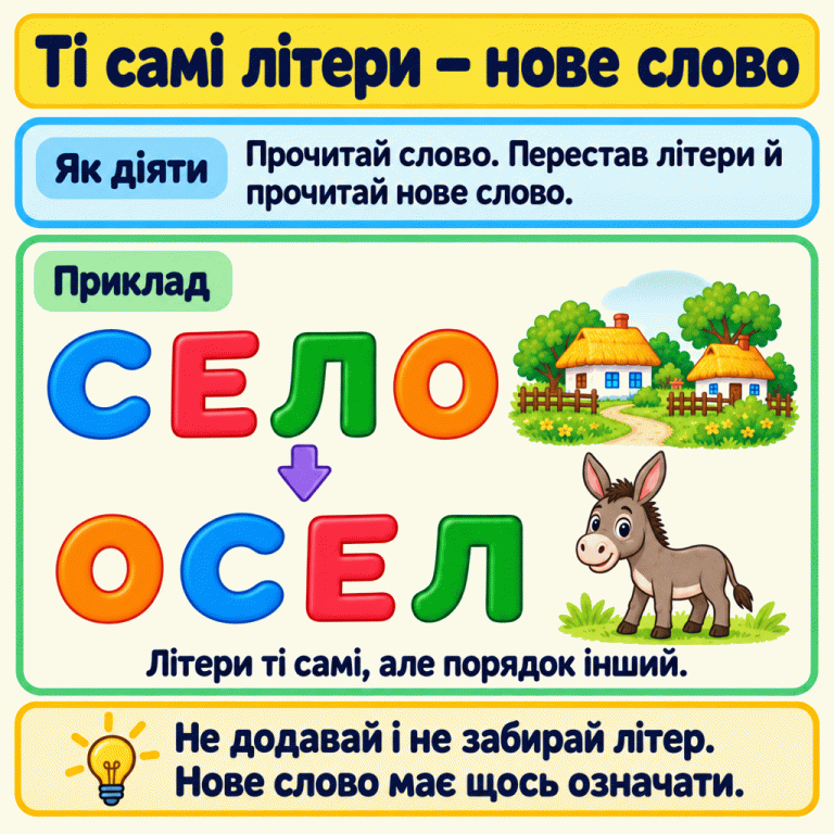 Приклад переставляння літер: СЕЛО стає ОСЕЛ. В обох словах ті самі чотири літери, але порядок і значення різні. Картка нагадує прочитати нове слово, нічого не додаючи й не забираючи. Ті самі літери — нове слово Як діяти: Прочитай слово. Перестав літери й прочитай нове слово. Приклад: Літери ті самі, але порядок інший. Не додавай і не забирай літер. Нове слово має щось означати. С Е Л О