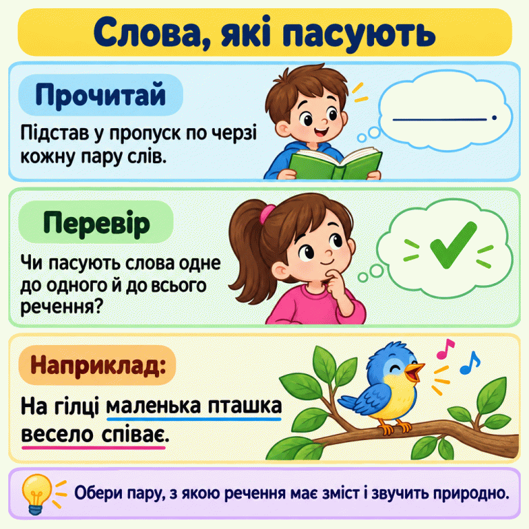 Картка радить по черзі підставити в пропуск кожну пару слів і перевірити, чи пасують слова між собою та до всього речення. Поряд із прикладом речення про маленьку пташку, яка співає на гілці, зображена пташка. Слова, які пасують Прочитай: Підстав у пропуск по черзі кожну пару слів. Перевір: Чи пасують слова одне до одного й до всього речення? Обери пару, з якою речення має зміст і звучить природно. Наприклад: На гілці маленька пташка весело співає.