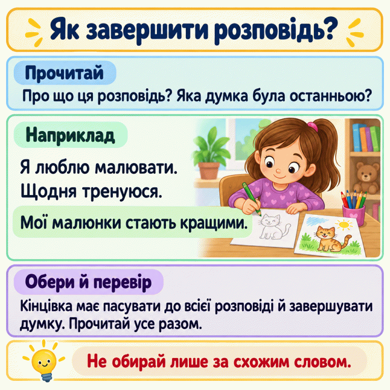 Картка пояснює, як знайти тему розповіді та перевірити її кінцівку. У навчальному прикладі дитина вправляється малювати, а її малюнки стають кращими; останнє речення прикладу м’яко виділене. Як завершити розповідь? Прочитай: Про що ця розповідь? Яка думка була останньою? Наприклад: Я люблю малювати. Щодня тренуюся. Мої малюнки стають кращими. Обери й перевір: Кінцівка має пасувати до всієї розповіді й завершувати думку. Прочитай усе разом. Не обирай лише за схожим словом.