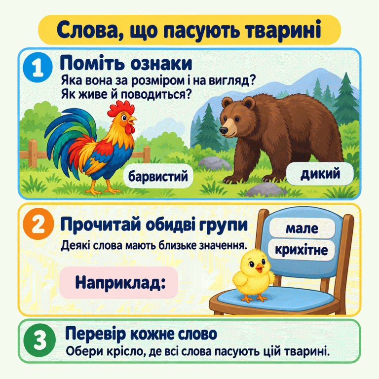 Картка пояснює, як добирати слова-ознаки до тварини. Поряд із барвистим півником зображено ведмедя в природі. У навчальному прикладі маленьке курча сидить на кріслі зі словами «мале» й «крихітне». Кроки нагадують прочитати обидві групи та перевірити кожне слово. Слова, що пасують тварині Поміть ознаки: Яка вона за розміром і на вигляд? Як живе й поводиться? Прочитай обидві групи: Деякі слова мають близьке значення. Перевір кожне слово: Обери крісло, де всі слова пасують цій тварині. барвистий дикий Наприклад: мале крихітне 1 2 3
