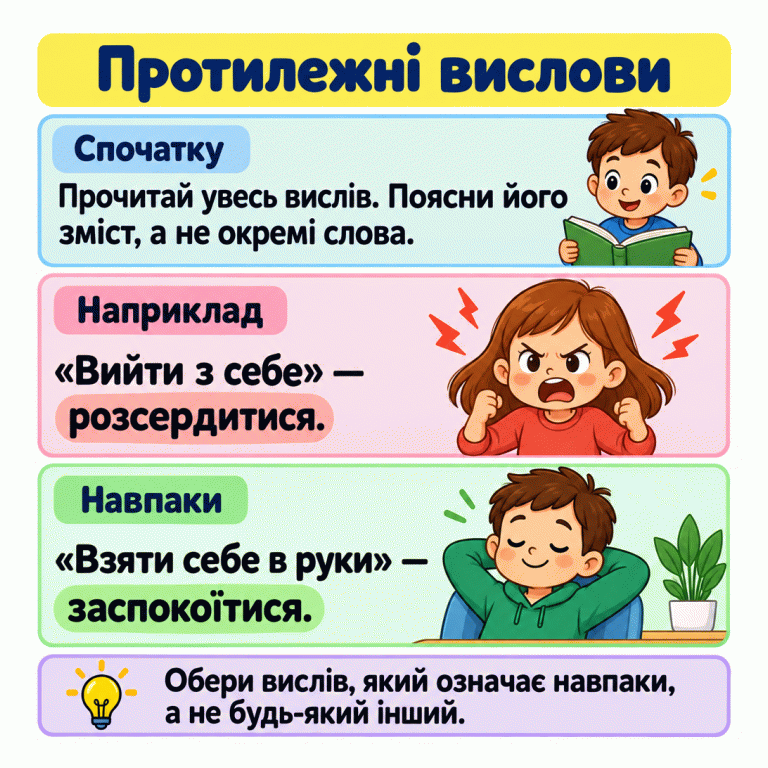Картка радить пояснювати зміст усього вислову. Біля «Вийти з себе» дитина сердиться: це означає «розсердитися». Біля «Взяти себе в руки» вона спокійна: це означає «заспокоїтися». Вислови мають протилежний зміст. Протилежні вислови Спочатку: Прочитай увесь вислів. Поясни його зміст, а не окремі слова. Наприклад: «Вийти з себе» — розсердитися. Навпаки: «Взяти себе в руки» — заспокоїтися. Обери вислів, який означає навпаки, а не будь-який інший.