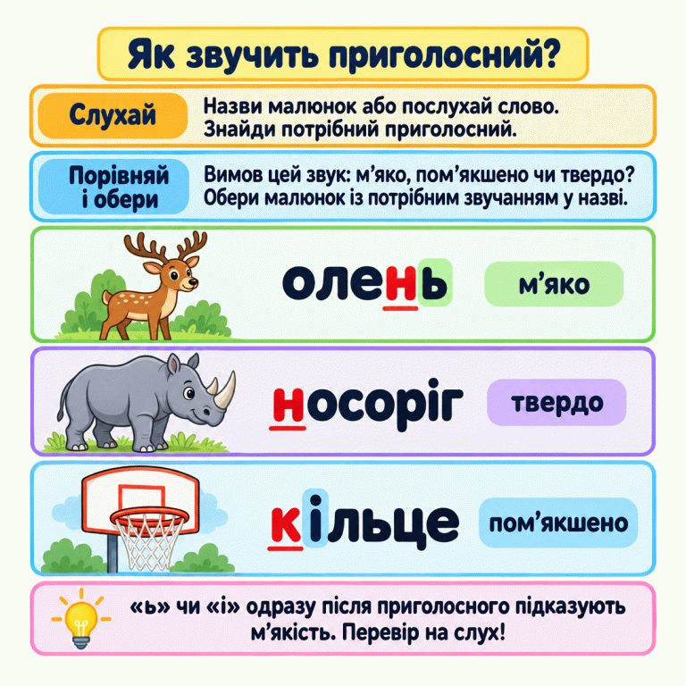 Назви або послухай слово й знайди потрібний приголосний. У слові «олень» н перед ь звучить м’яко; у слові «носоріг» початкове н — твердо; у слові «кільце» к перед і звучить пом’якшено. Букви допомагають, але перевіряй звучання на слух. Як звучить приголосний? Слухай: Назви малюнок або послухай слово. Знайди потрібний приголосний. Порівняй і обери: Вимов цей звук: м’яко, пом’якшено чи твердо? Обери малюнок із потрібним звучанням у назві. «ь» чи «і» одразу після приголосного підказують м’якість. Перевір на слух! олень м’яко носоріг твердо кільце пом’якшено