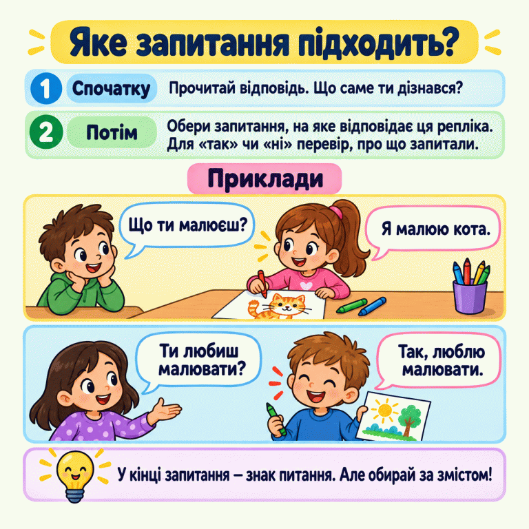 Картка пояснює, як дібрати запитання до готової відповіді: спочатку з’ясувати, що повідомляє відповідь, а потім перевірити зміст запитання. У двох окремих коміксах дитина відповідає, що малює кота, і підтверджує, що любить малювати. Знак питання сам по собі не визначає вибір. Яке запитання підходить? Спочатку: Прочитай відповідь. Що саме ти дізнався? Потім: Обери запитання, на яке відповідає ця репліка. Для «так» чи «ні» перевір, про що запитали. У кінці запитання — знак питання. Але обирай за змістом! Приклади Що ти малюєш? Я малюю кота. Ти любиш малювати? Так, люблю малювати. 1 2