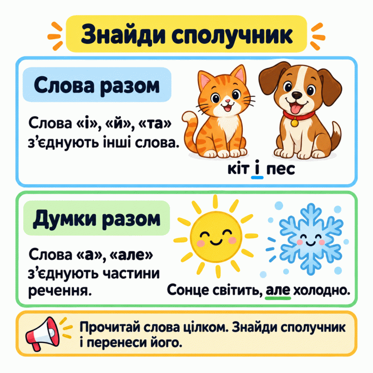 Картка «Знайди сполучник». Кіт і пес стоять біля прикладу «кіт і пес». Сонце та сніжинка — біля прикладу «Сонце світить, але холодно.». Пояснення показують, як сполучники поєднують слова або частини речення. Знайди сполучник Слова разом: Слова «і», «й», «та» з’єднують інші слова. Думки разом: Слова «а», «але» з’єднують частини речення. Прочитай слова цілком. Знайди сполучник і перенеси його. кіт і пес Сонце світить, але холодно.