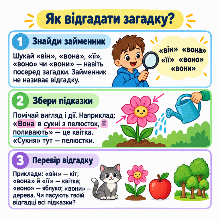 Картка пояснює три дії: знайти займенник, зібрати підказки й перевірити відгадку. У навчальному прикладі квітка має пелюстки, схожі на «сукню», і її поливають. Інші приклади зіставляють «він» із котом, «воно» з яблуком, а «вони» з деревами. Як відгадати загадку? Знайди займенник: Шукай «він», «вона», «її», «воно» чи «вони» — навіть посеред загадки. Займенник не називає відгадку. Збери підказки: Помічай вигляд і дії. Наприклад: «Вона в сукні з пелюсток, її поливають» — це квітка. «Сукня» тут — пелюстки. Перевір відгадку: Приклади: «він» — кіт; «вона» й «її» — квітка; «воно» — яблуко; «вони» — дерева. Чи пасують твоїй відгадці всі підказки? 1 «він» «вона» «її» «воно» «вони» 2 3