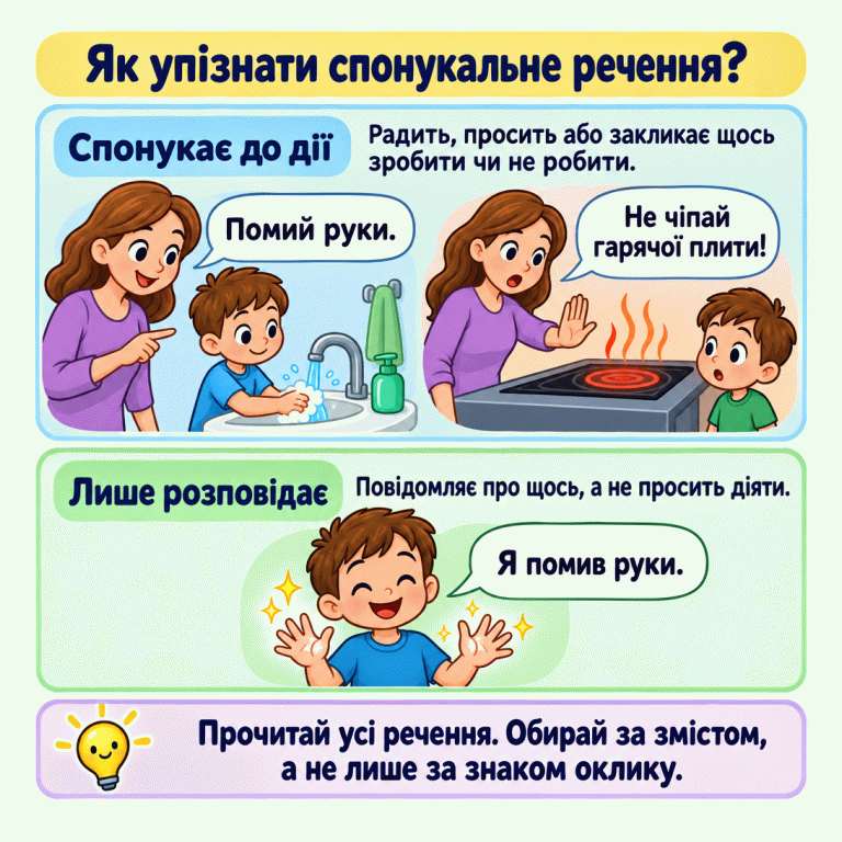 Дорослий радить: «Помий руки.» і застерігає: «Не чіпай гарячої плити!». Дитина повідомляє: «Я помив руки.». Картка показує, що спонукальне речення впізнають за змістом, а не лише за знаком оклику. Як упізнати спонукальне речення? Спонукає до дії: Радить, просить або закликає щось зробити чи не робити. Лише розповідає: Повідомляє про щось, а не просить діяти. Прочитай усі речення. Обирай за змістом, а не лише за знаком оклику. Помий руки. Не чіпай гарячої плити! Я помив руки.