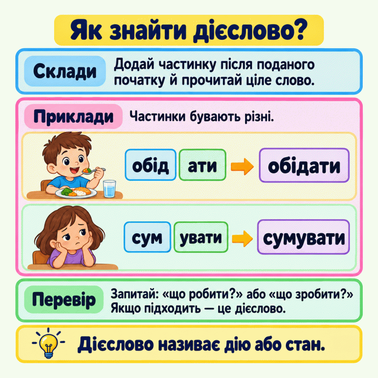 Два приклади складання слів: «обід» і «ати» утворюють «обідати» біля дитини, яка їсть; «сум» і «увати» утворюють «сумувати» біля сумної дитини. Картка радить перевіряти ціле слово питанням «що робити?» або «що зробити?». Як знайти дієслово? Склади: Додай частинку після поданого початку й прочитай ціле слово. Приклади: Частинки бувають різні. Перевір: Запитай: «що робити?» або «що зробити?» Якщо підходить — це дієслово. Дієслово називає дію або стан. обід ати обідати сум увати сумувати