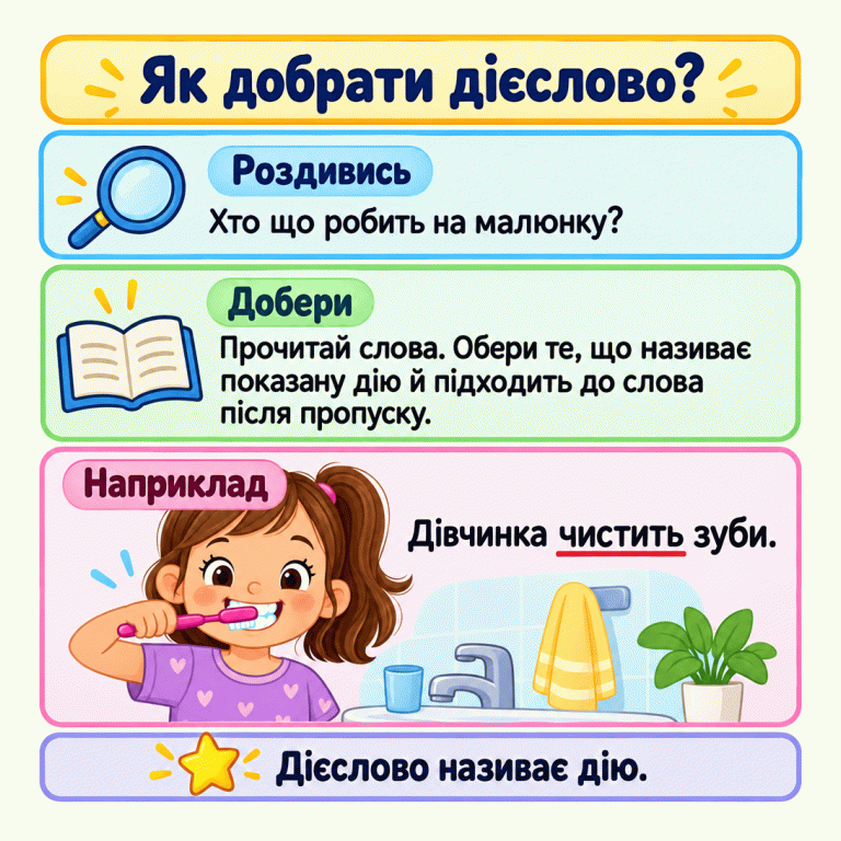 Пам’ятка радить знайти дію на малюнку й обрати дієслово, яке підходить також до слова після пропуску. У навчальному прикладі дівчинка чистить зуби щіткою. Як добрати дієслово? Роздивись: Хто що робить на малюнку? Добери: Прочитай слова. Обери те, що називає показану дію й підходить до слова після пропуску. Наприклад: Дівчинка чистить зуби. Дієслово називає дію.