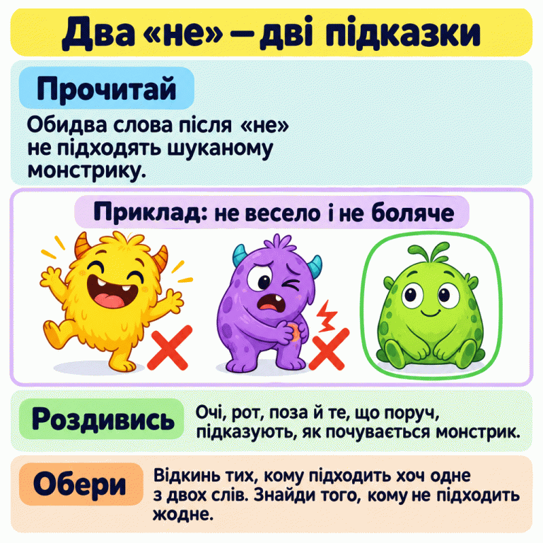 Навчальний приклад до двох «не»: веселого монстрика й монстрика, якому боляче, відкидають. Третій за зображеними ознаками не підходить під жодне з цих слів. Картка радить дивитися на очі, рот, позу й деталі поруч. Два «не» — дві підказки Прочитай: Обидва слова після «не» не підходять шуканому монстрику. Роздивись: Очі, рот, поза й те, що поруч, підказують, як почувається монстрик. Обери: Відкинь тих, кому підходить хоч одне з двох слів. Знайди того, кому не підходить жодне. Приклад: не весело і не боляче ✕ ✕