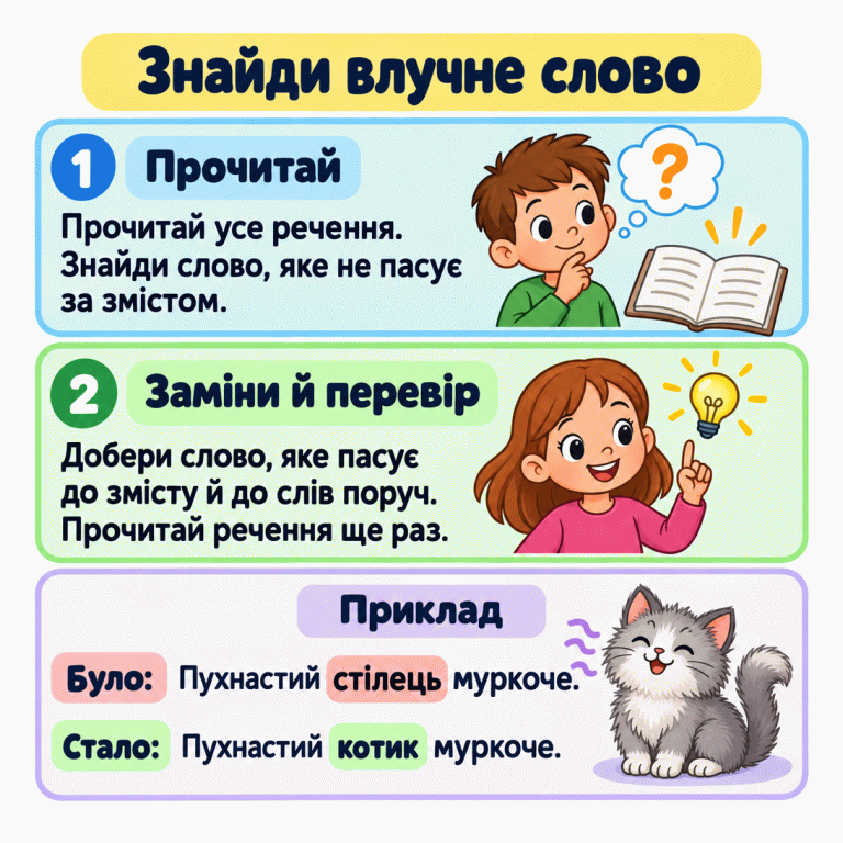 Картка «Знайди влучне слово». У навчальному прикладі було: «Пухнастий стілець муркоче.» Стало: «Пухнастий котик муркоче.» Поруч зображений пухнастий котик. Замінивши слово, прочитай речення ще раз і перевір його зміст. Знайди влучне слово Прочитай: Прочитай усе речення. Знайди слово, яке не пасує за змістом. Заміни й перевір: Добери слово, яке пасує до змісту й до слів поруч. Прочитай речення ще раз. Приклад Було: Пухнастий стілець муркоче. Стало: Пухнастий котик муркоче. 1 ? 2
