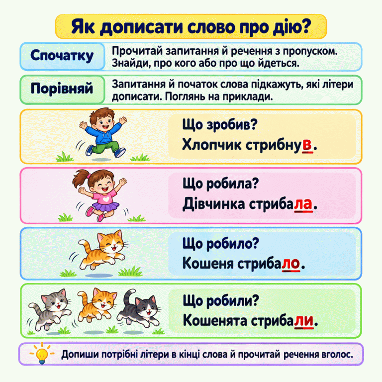 Картка про те, як дописати слово про дію за запитанням і початком слова. Чотири зразки зі стрибками: хлопчик стрибнув — «в», дівчинка стрибала — «ла», кошеня стрибало — «ло», кошенята стрибали — «ли». Потрібні літери слід звіряти зі своїм реченням. Як дописати слово про дію? Спочатку: Прочитай запитання й речення з пропуском. Знайди, про кого або про що йдеться. Порівняй: Запитання й початок слова підкажуть, які літери дописати. Поглянь на приклади. Допиши потрібні літери в кінці слова й прочитай речення вголос. Що зробив? Хлопчик стрибнув. Що робила? Дівчинка стрибала. Що робило? Кошеня стрибало. Що робили? Кошенята стрибали.