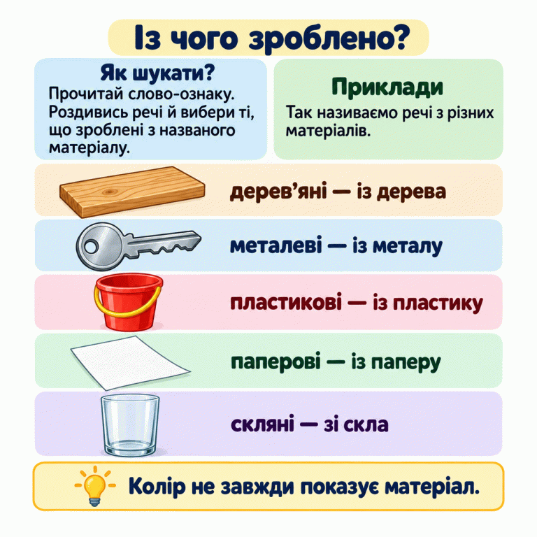 Картка «Із чого зроблено?» радить прочитати слово-ознаку й вибрати речі з названого матеріалу. Приклади: дерев’яні — із дерева, металеві — із металу, пластикові — із пластику, паперові — із паперу, скляні — зі скла. Колір не завжди показує матеріал. Із чого зроблено? Як шукати?: Прочитай слово-ознаку. Роздивись речі й вибери ті, що зроблені з названого матеріалу. Приклади: Так називаємо речі з різних матеріалів. Колір не завжди показує матеріал. дерев’яні — із дерева металеві — із металу пластикові — із пластику паперові — із паперу скляні — зі скла