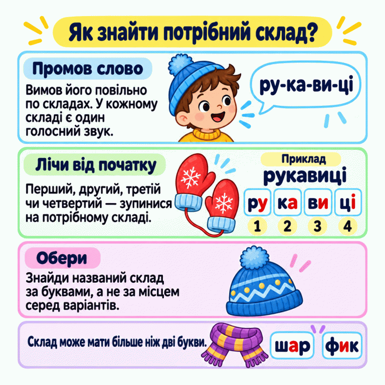 Картка пояснює, як вимовити слово по складах, полічити їх від початку та знайти потрібний склад за буквами. Біля рукавиць слово «рукавиці» поділено на «ру», «ка», «ви», «ці» з числами від 1 до 4. Біля шарфика склади «шар» і «фик» показують, що склад може мати більше ніж дві букви. Як знайти потрібний склад? Промов слово: Вимов його повільно по складах. У кожному складі є один голосний звук. Лічи від початку: Перший, другий, третій чи четвертий — зупинися на потрібному складі. Обери: Знайди названий склад за буквами, а не за місцем серед варіантів. Склад може мати більше ніж дві букви. Приклад рукавиці ру ка ви ці 1 2 3 4 шар фик ру-ка-ви-ці