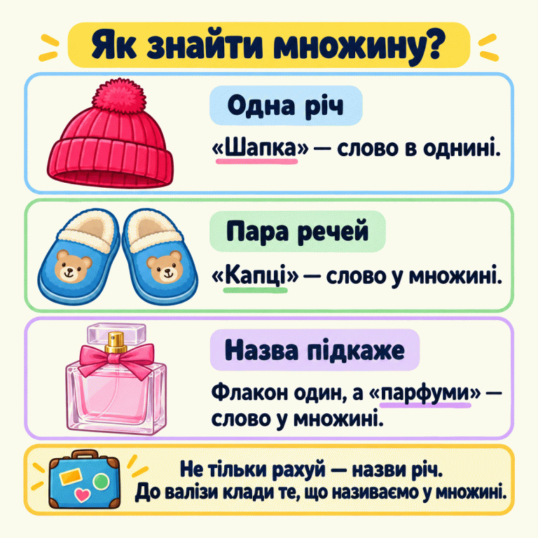 Одна шапка і слово «Шапка» в однині; пара капців і слово «Капці» у множині; один флакон парфумів, але слово «парфуми» теж у множині. Щоб вибрати річ для валізи, потрібно назвати її, а не тільки порахувати. Як знайти множину? Одна річ: «Шапка» — слово в однині. Пара речей: «Капці» — слово у множині. Назва підкаже: Флакон один, а «парфуми» — слово у множині. Не тільки рахуй — назви річ. До валізи клади те, що називаємо у множині.