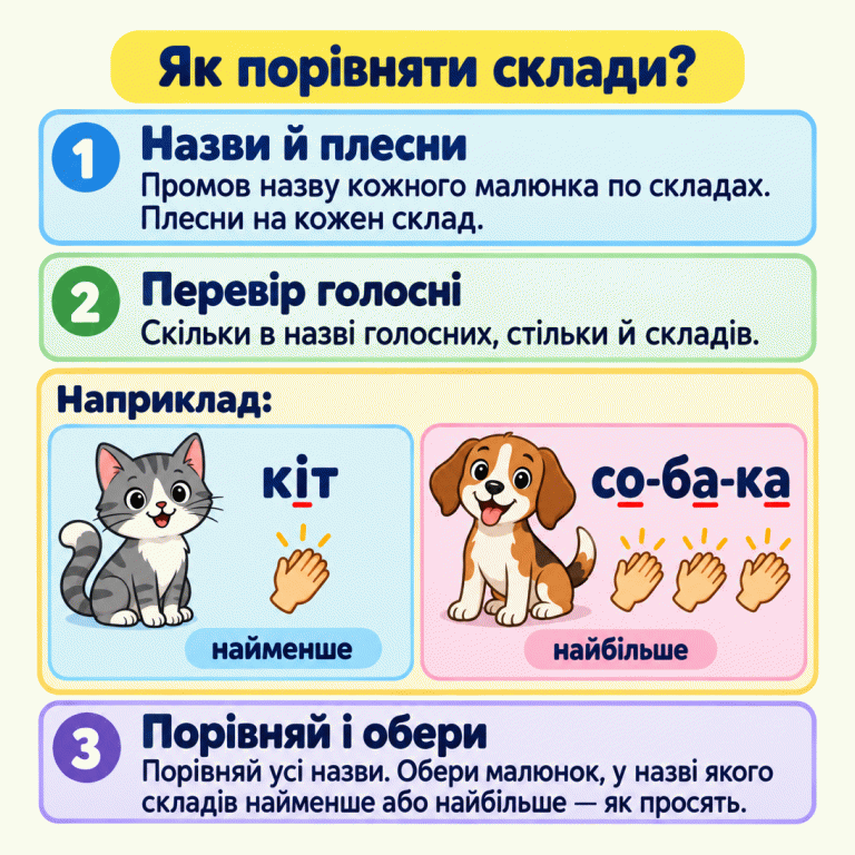 Картка пояснює, як промовити назви по складах, плеснути на кожен склад і перевірити кількість складів за голосними. У навчальному прикладі «кіт» має один склад, а «со-ба-ка» — три. Серед цих двох назв показано, де складів найменше й де найбільше. Як порівняти склади? Назви й плесни: Промов назву кожного малюнка по складах. Плесни на кожен склад. Перевір голосні: Скільки в назві голосних, стільки й складів. Порівняй і обери: Порівняй усі назви. Обери малюнок, у назві якого складів найменше або найбільше — як просять. Наприклад: кіт со-ба-ка найменше найбільше 1 2 3