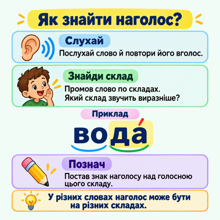 Картка радить послухати слово, промовити його по складах, знайти склад, що звучить виразніше, і поставити наголос над його голосною. У позначеному прикладі «вода́» знак стоїть над «а» складу «да». Наголос у різних словах може бути на різних складах. Як знайти наголос? Слухай: Послухай слово й повтори його вголос. Знайди склад: Промов слово по складах. Який склад звучить виразніше? Познач: Постав знак наголосу над голосною цього складу. У різних словах наголос може бути на різних складах. Приклад вода́