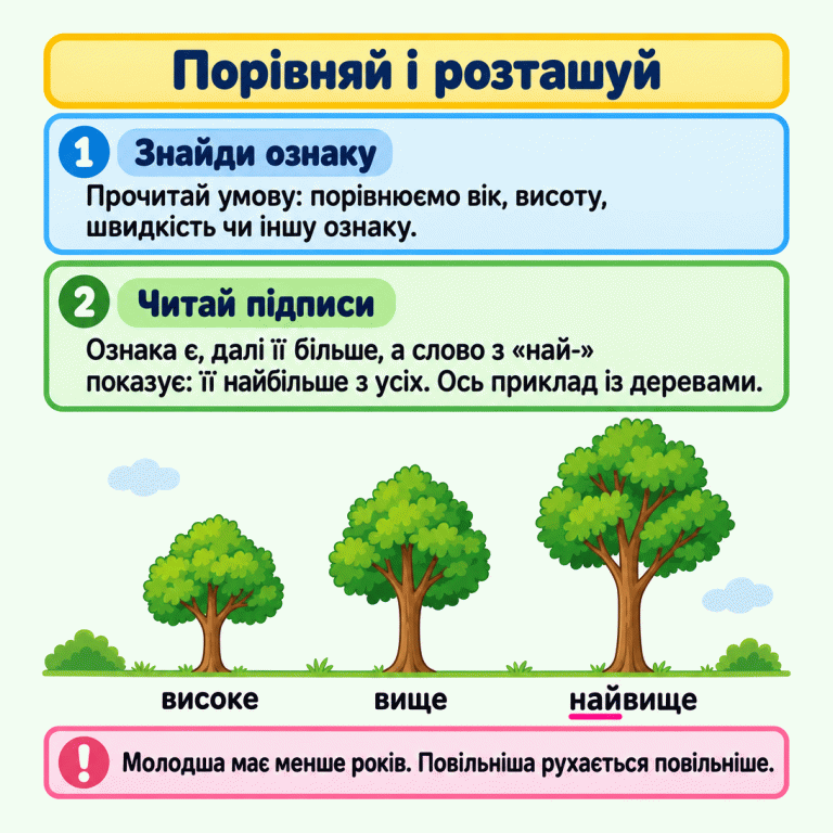 Картка пояснює, як знайти ознаку й зіставити з нею слова. В окремому прикладі три дерева на одному рівні стають дедалі вищими; під ними відповідно написано «високе», «вище», «найвище». Нагадування пояснює молодший вік і повільніший рух. Порівняй і розташуй Знайди ознаку: Прочитай умову: порівнюємо вік, висоту, швидкість чи іншу ознаку. Читай підписи: Ознака є, далі її більше, а слово з «най-» показує: її найбільше з усіх. Ось приклад із деревами. Молодша має менше років. Повільніша рухається повільніше. високе вище найвище 1 2 !