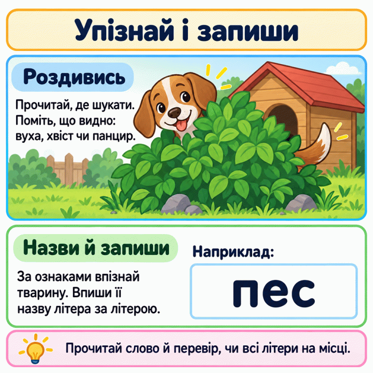 Картка показує, як знайти тварину за підказкою в запитанні, упізнати її за видимими ознаками та вписати назву. Пес частково сховався за листям, але видно його вухо, мордочку й хвіст. Поруч наведено навчальний приклад «Наприклад: пес». Упізнай і запиши Роздивись: Прочитай, де шукати. Поміть, що видно: вуха, хвіст чи панцир. Назви й запиши: За ознаками впізнай тварину. Впиши її назву літера за літерою. Прочитай слово й перевір, чи всі літери на місці. Наприклад: пес
