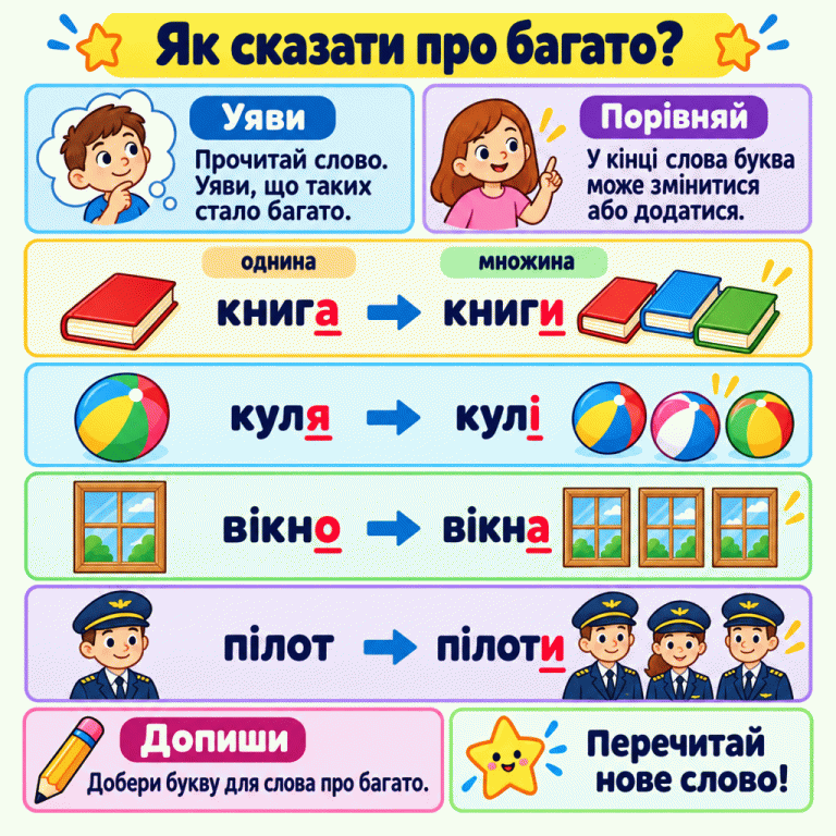 Чотири приклади переходу від однини до множини: книга — книги, куля — кулі, вікно — вікна, пілот — пілоти. Біля першого слова кожної пари зображено одного, біля другого — кількох. Виділено літери, які наприкінці слова замінилися або додалися. Як сказати про багато? Уяви: Прочитай слово. Уяви, що таких стало багато. Порівняй: У кінці слова буква може змінитися або додатися. Допиши: Добери букву для слова про багато. Перечитай нове слово! однина множина книга книги куля кулі вікно вікна пілот пілоти