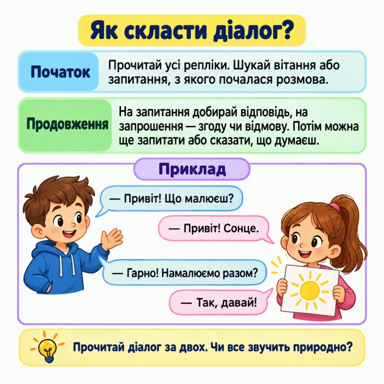 Картка пояснює, як знайти початок діалогу й добирати наступні репліки за змістом. У прикладі двоє дітей вітаються, говорять про малюнок сонця, домовляються малювати разом. Унизу — порада прочитати діалог за двох. Як скласти діалог? Початок: Прочитай усі репліки. Шукай вітання або запитання, з якого почалася розмова. Продовження: На запитання добирай відповідь, на запрошення — згоду чи відмову. Потім можна ще запитати або сказати, що думаєш. Прочитай діалог за двох. Чи все звучить природно? Приклад — Привіт! Що малюєш? — Привіт! Сонце. — Гарно! Намалюємо разом? — Так, давай!