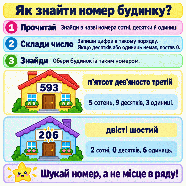 Картка пояснює, як знайти номер будинку за словесною назвою: сотні, десятки й одиниці записують цифрами в такому порядку. Приклади показують відповідність «п’ятсот дев’яносто третій» — 593 і «двісті шостий» — 206; нуль у 206 займає місце відсутніх десятків. Шукати потрібно номер, а не місце будинку в ряду. Як знайти номер будинку? Прочитай: Знайди в назві номера сотні, десятки й одиниці. Склади число: Запиши цифри в такому порядку. Якщо десятків або одиниць немає, постав 0. Знайди: Обери будинок із таким номером. Шукай номер, а не місце в ряду! п’ятсот дев’яносто третій 593 двісті шостий 206 1 2 3 5 сотень, 9 десятків, 3 одиниці. 2 сотні, 0 десятків, 6 одиниць.