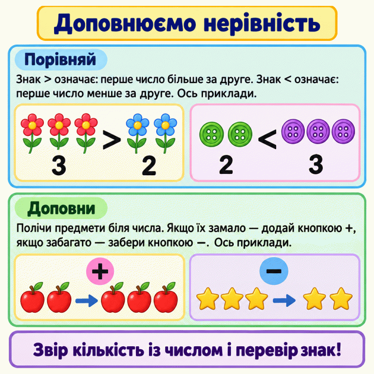 У першому навчальному прикладі три предмети порівнюють із двома: 3 > 2. У другому два порівнюють із трьома: 2 < 3. Нижче схеми показують, як кнопка + додає предмет, а кнопка − забирає. Доповнюємо нерівність Порівняй: Знак > означає: перше число більше за друге. Знак < означає: перше число менше за друге. Ось приклади. Доповни: Полічи предмети біля числа. Якщо їх замало — додай кнопкою +, якщо забагато — забери кнопкою −. Ось приклади. Звір кількість із числом і перевір знак! 3 2 > < + −