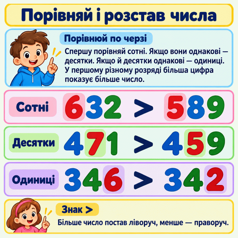 Як порівнювати тризначні числа: спочатку сотні, потім, якщо потрібно, десятки й одиниці. Три навчальні приклади — 632 > 589, 471 > 459 і 346 > 342 — показують, який розряд вирішує порівняння. Біля знака > більше число стоїть ліворуч. Порівняй і розстав числа Порівнюй по черзі: Спершу порівняй сотні. Якщо вони однакові — десятки. Якщо й десятки однакові — одиниці. У першому різному розряді більша цифра показує більше число. Знак >: Більше число постав ліворуч, менше — праворуч. Сотні 632 > 589 Десятки 471 459 Одиниці 346 342