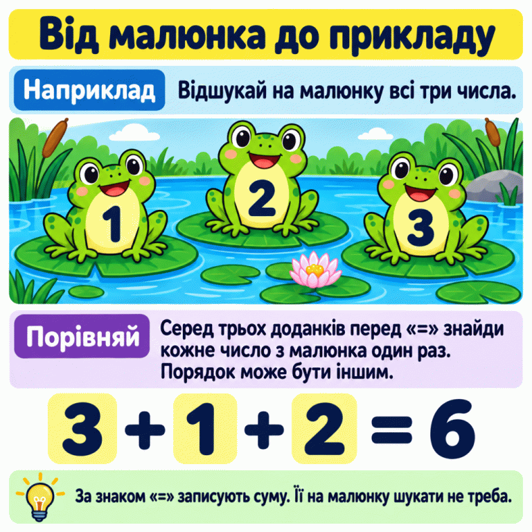 На трьох жабках числа 1, 2 і 3. Навчальний приклад 3 + 1 + 2 = 6 показує ті самі числа як доданки в іншому порядку; після знака рівності стоїть сума. Від малюнка до прикладу Наприклад: Відшукай на малюнку всі три числа. Порівняй: Серед трьох доданків перед «=» знайди кожне число з малюнка один раз. Порядок може бути іншим. За знаком «=» записують суму. Її на малюнку шукати не треба. 1 2 3 3 + 1 + 2 = 6